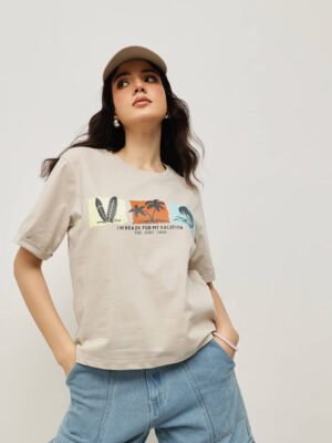 Women 100% Cotton Boy Friend Relaxed Fit  Printed Crop Length Tshirt