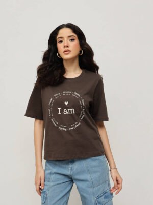 Women 100% Cotton Boy Friend Relaxed Fit  Printed Crop Length Tshirt