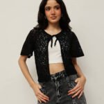 Women Lace Shrug – Cropped Floral Tie-Up - Black