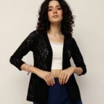 Women Lace Shrug – 3/4th Sleeve Floral Layered - Black