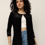 Women’s 3/4th Sleeve Lace Panel Shrug - Black