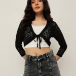 Women Lace Front Tie-Up Shrug - Black