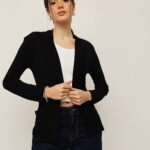 Women Full Open Long Shrug with Pockets - Black