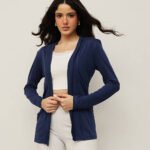 Women Full Open Long Shrug with Pockets - Navy