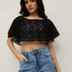 Women Lace Cape – Cropped Floral Overlay - Black