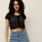 Women Front Buttoned  Crop Shrug - Black