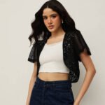 Women Lace & Mesh Shrug Flutter Sleeve - Black