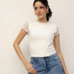 Women Floral Lace Top – High Neck Fitted - Off White