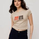 Women’s 100% Cotton Ribbed Crop Printed - light pearl