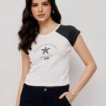 Women 100% Cotton Raglan Crop Top - Printed - White