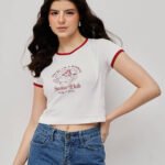 Women’s 100% Cotton Ribbed Crop Printed - Wine Red