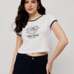 Women’s 100% Cotton Ribbed Crop Printed - Navy