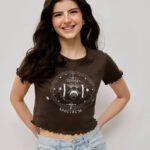 Women’s 100% Cotton Ribbed Crop Printed - Coffee Brown