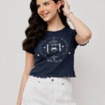 Women’s 100% Cotton Ribbed Crop Printed - Navy