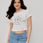 Women’s 100% Cotton Ribbed Crop Printed - White