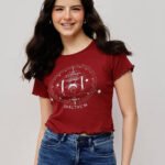 Women’s 100% Cotton Ribbed Crop Printed - Wine Red