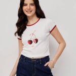 Women’s 100% Cotton Ribbed Crop Printed - White