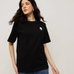 Women 100% Cotton Boy Friend Relaxed Fit  Printed T.Shirt - Black