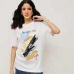Women 100% Cotton Boy Friend Relaxed Fit  Printed T.Shirt - White