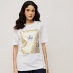 Women 100% Cotton Boy Friend Relaxed Fit  Printed T.Shirt - White