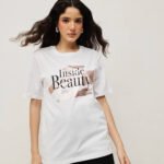 Women 100% Cotton Boy Friend Relaxed Fit  Printed T.Shirt - White