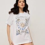 Women 100% Cotton Boy Friend Relaxed Fit  Printed T.Shirt - White