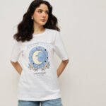 Women 100% Cotton Boy Friend Relaxed Fit  Printed T.Shirt - White
