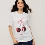 Women 100% Cotton Boy Friend Relaxed Fit  Printed T.Shirt - White