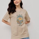 Women 100% Cotton Boy Friend Relaxed Fit  Printed T.Shirt - light pearl