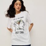 Women 100% Cotton Boy Friend Relaxed Fit  Printed T.Shirt - White
