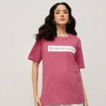 Women 100% Cotton Boy Friend Relaxed Fit  Printed T.Shirt - Pale Rouge