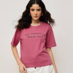 Women 100% Cotton Boy Friend Relaxed Fit  Printed Crop Length Tshirt - Pale Rouge