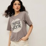 Women 100% Cotton Boy Friend Relaxed Fit  Printed Crop Length Tshirt - Hazel Moccho