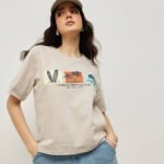 Women 100% Cotton Boy Friend Relaxed Fit  Printed Crop Length Tshirt - light pearl