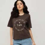 Women 100% Cotton Boy Friend Relaxed Fit  Printed Crop Length Tshirt - Coffee Brown