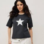 Women 100% Cotton Boy Friend Relaxed Fit  Printed Crop Length Tshirt - Graphite