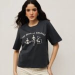 Women 100% Cotton Boy Friend Relaxed Fit  Printed Crop Length Tshirt - Graphite