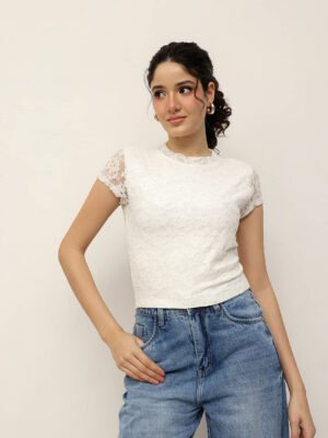 Women Floral Lace Top – High Neck Fitted
