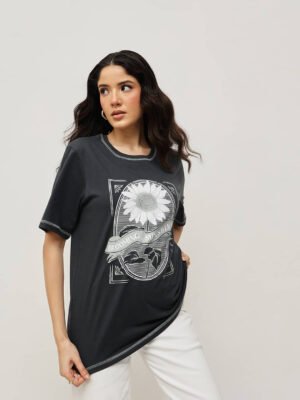 Women 100% Cotton Boy Friend Relaxed Fit  Printed T.Shirt