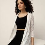 Women Lace Shrug – 3/4th Sleeve Floral Layered - Off White