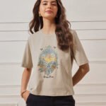 Women’s Relaxed Fit Printed Crop T-Shirt - Light pearl