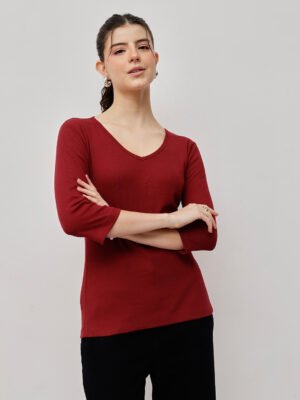 Women 100% Cotton Ribbed V Neck T.Shirt