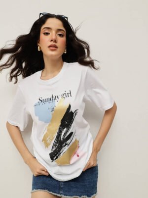 Women 100% Cotton Boy Friend Relaxed Fit  Printed T.Shirt