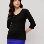 Women 100% Cotton Ribbed V Neck T.Shirt - Black