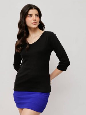Women 100% Cotton Ribbed V Neck T.Shirt