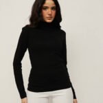 Women 100% Cotton Roll-Up Turtle Neck Top - Black