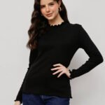 Women 100% Cotton Ribbed Lettuce Hem T.Shirt - Black