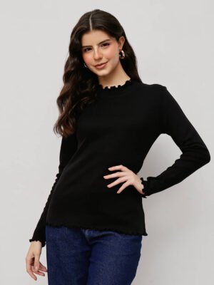 Women 100% Cotton Ribbed Lettuce Hem T.Shirt