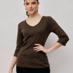 Women 100% Cotton Ribbed V Neck T.Shirt - Coffee Brown