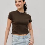 Women Ribbed Lettuce Hem Top - Coffee Brown